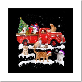 Cat Riding Red Truck Merry Christmas Kitten Posters and Art